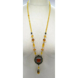 Victorian Topaz Glass Rhinestone Filigree Bead Beaded Pendant Necklace